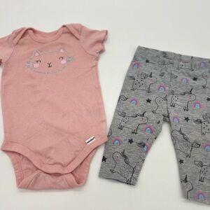 Gerber Baby Pink Kitty Onesie And Gymboree Unicorn Gray Pants 3-6 Months